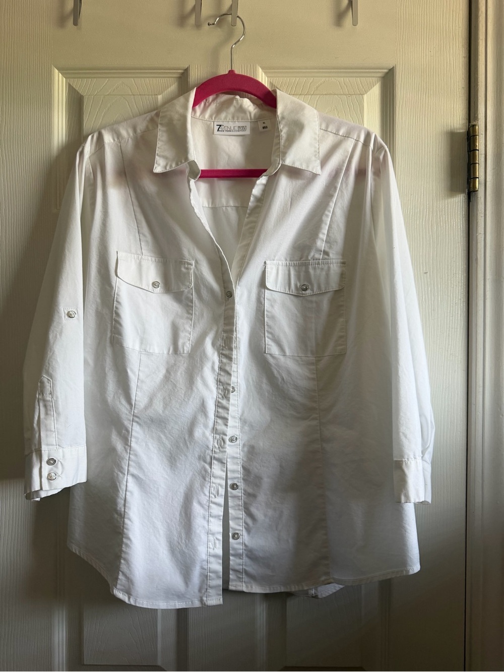 New York & Company White Button-Front Shirt with Chest Pockets